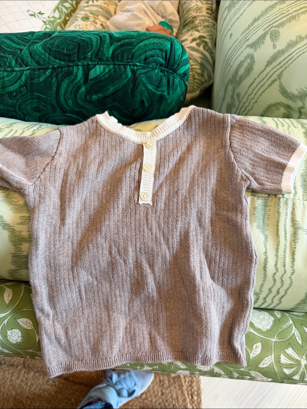 Kids Short-Sleeve Knit Top in Taupe with Ivory Trim